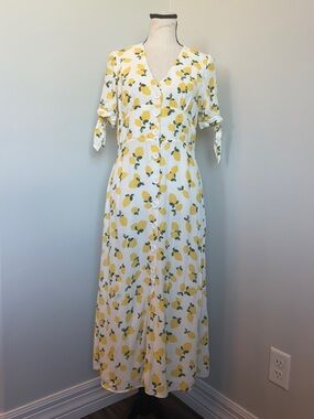 Nobody’s Child Lemon Print Midi Dress Size 4 Button Front Cottagecore Summer